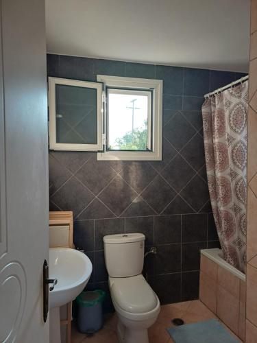 a bathroom with a toilet and a sink and a window at Sunday Villa in Agios Georgios