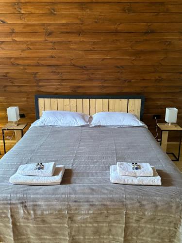 a bedroom with a bed with two towels on it at Deka Achkhoti in Stepantsminda