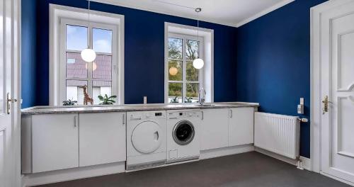una lavanderia blu con lavatrice e asciugatrice di Spacious House With Room For Relaxation And Play a Brenderup