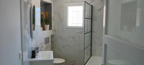 une salle de bain avec un lavabo et des toilettes et une fenêtre dans l'établissement Chez Jacques, à Port-la-Nouvelle