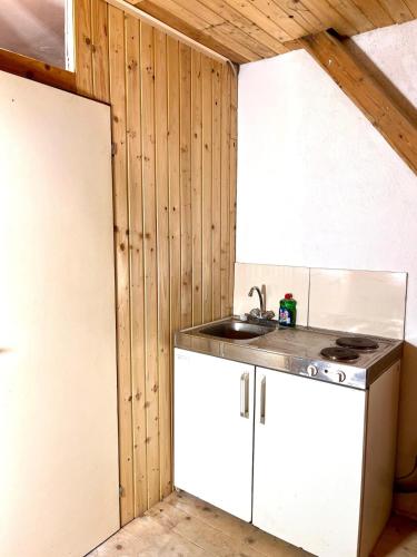 a kitchen with a sink and a white refrigerator at Appartment Susi 