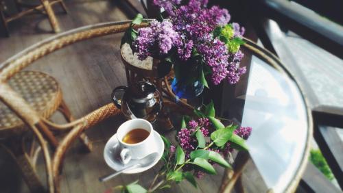 a table with a cup of coffee and a vase of purple flowers at Laguna in Slavske