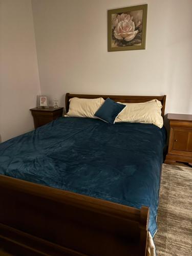 a bedroom with a bed with a blue comforter at Colț de Rai in Ilva Mare