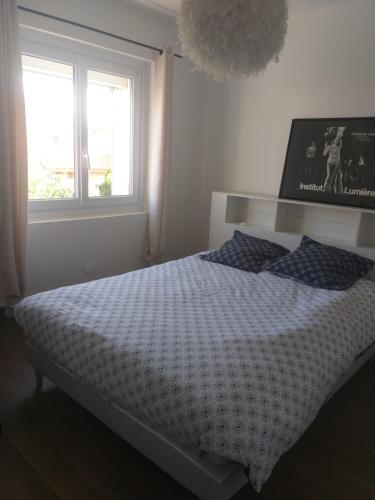 - une chambre avec un lit doté d'une couverture en damier et d'une fenêtre dans l'établissement appartfa, à La Celle-sous-Gouzon