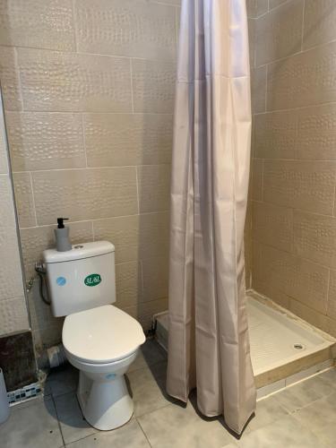 a bathroom with a toilet and a shower curtain at Hôtel Le Capitol in Marseille