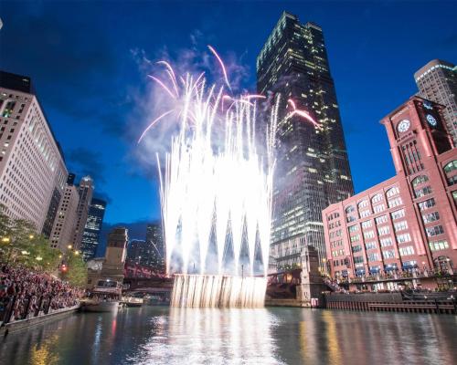 a fire fountain in the middle of a city at Hyatt Regency Chicago in Chicago