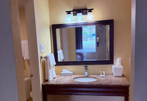a bathroom with a sink and a mirror at Days Inn by Wyndham St. Petersburg / Tampa Bay Area in St Petersburg
