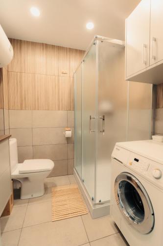 a bathroom with a washing machine and a toilet at Apartment in Dreverna I Near Lagoon I in Dreverna