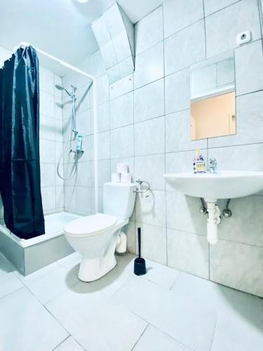 une salle de bains blanche avec toilettes et lavabo dans l'établissement Elegant 3-Bedroom Retreat Convenient City Access, à Vienne