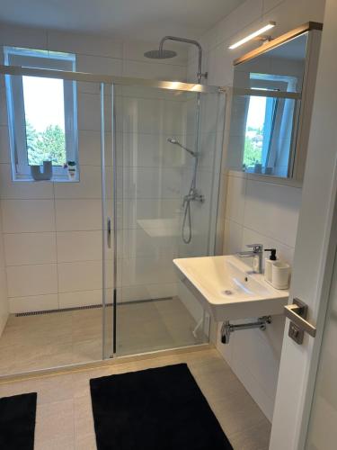 a bathroom with a shower and a sink at Apartmán Wendy in Nové Město na Moravě