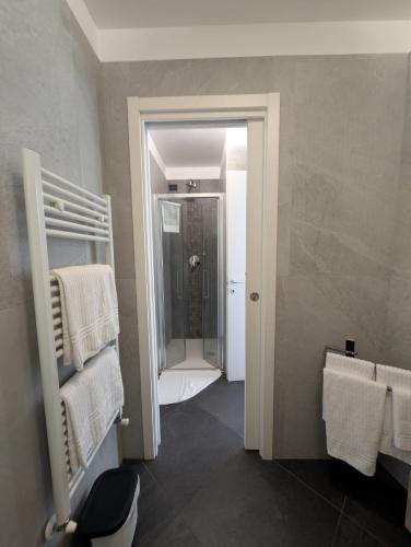 a bathroom with a walk in shower and a sink at appartamenti i fiori del lago in Laveno