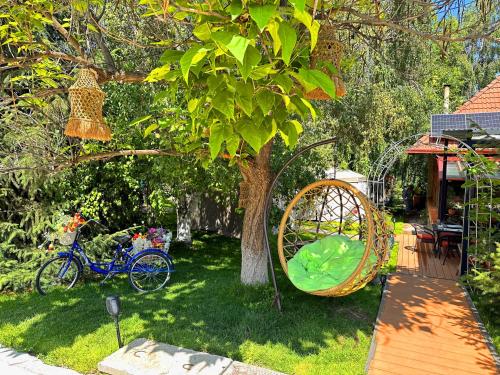 a yard with a tree and a bicycle and a wheel at Sky Village, Chimgan in Chimgan