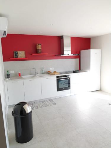 a kitchen with white cabinets and a red wall at Chambre individuelle APT in Apt