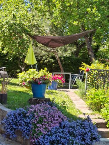 - un jardin avec des fleurs colorées et un parasol dans l'établissement La chênaie, à Châtel-Guyon