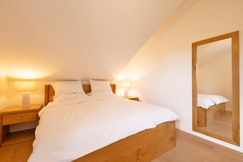a bedroom with a large white bed and a mirror at Roland House with Pool & Winery in Stara Vas-Bizeljsko