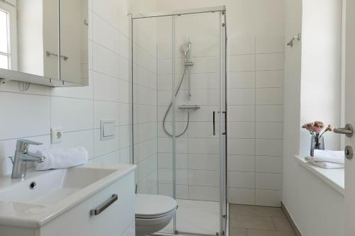 a bathroom with a shower with a toilet and a sink at Haus Viasana in Bad Ischl