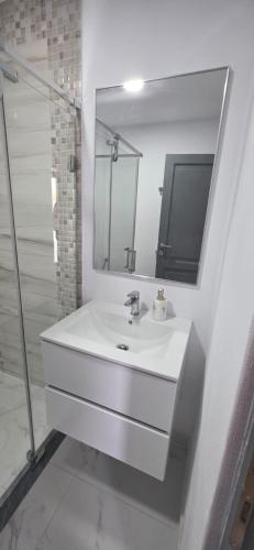 a white bathroom with a sink and a mirror at Panorama Budești in Budeşti