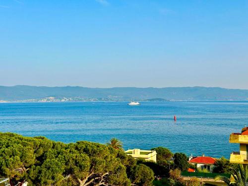une grande étendue d'eau avec un bateau au loin dans l'établissement Casamea - Plage 5min, Vue mer, Terrasse, Clim, à Ajaccio
