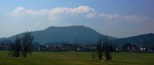 a green field with trees and a mountain in the background at Apartmán Hortenzie in Mařenice
