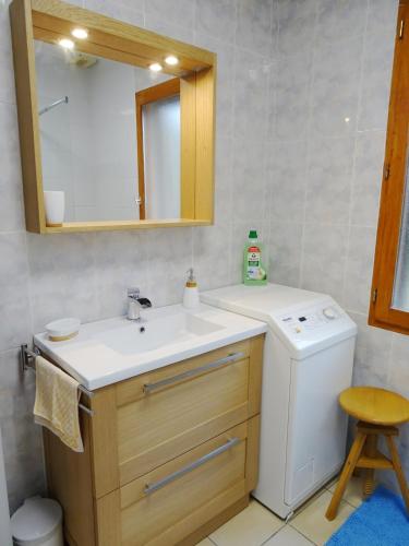 une salle de bain avec un lavabo et une machine à laver dans l'établissement Gîte Au-delà des cimes, à Villeneuve-de-Rivière