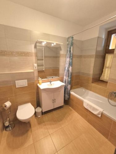 a bathroom with a sink and a toilet and a tub at Villa Luef in Mönichkirchen