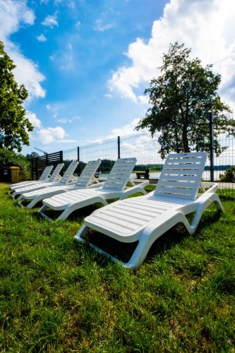 a row of lounge chairs sitting in the grass at Mazurskie Apartamenty "Jak Tu Miło!" in Węgorzewo