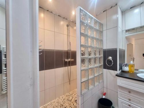 une salle de bain avec douche et lavabo dans l'établissement Appartement Le Bosquet Martinez à Cannes, à Cannes