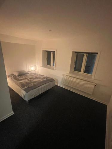 a bedroom with a bed and two windows at Villa - private parking in Holsted