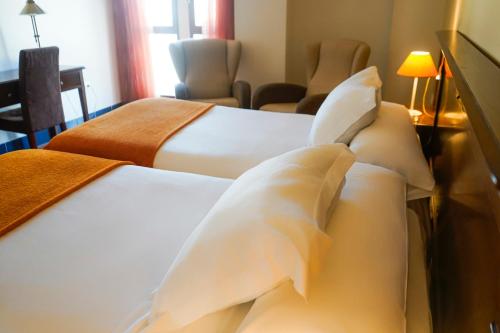 a hotel room with two beds with pillows at Hotel Rosaleda Don Pedro in Úbeda