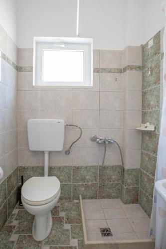 a bathroom with a toilet and a shower at AnKo & AnKo 1 in Nydri