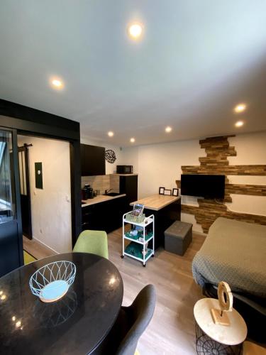a living room with a bed and a table at Sommet studio au centre du village in Lans-en-Vercors