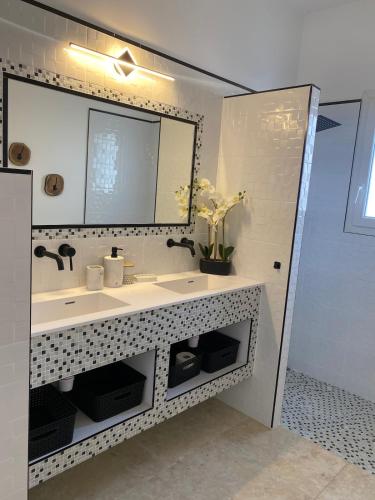 une salle de bain avec un lavabo et un miroir dans l'établissement villa 8 personnes clim, piscine, parking, à Piolenc
