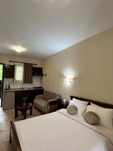 a hotel room with a bed and a kitchen at Panorama Elati in Elati Trikalon