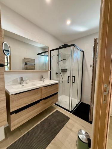 une salle de bain avec une douche en verre et un lavabo dans l'établissement La Maison du Lac sleeps 10 and has air conditioning, à Talloires
