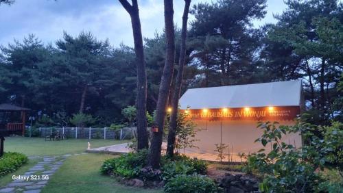 a building with lights on it in a yard at Bauhaus In Wonju in Wonju