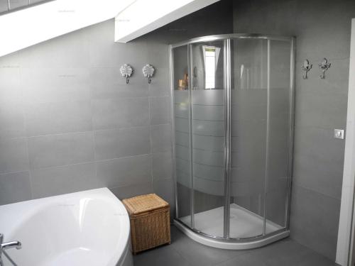 une douche dans une salle de bain avec toilettes et lavabo dans l'établissement Savoielac - Lac d'Annecy - Annecy-le-vieux : Villa Astrid, à Annecy