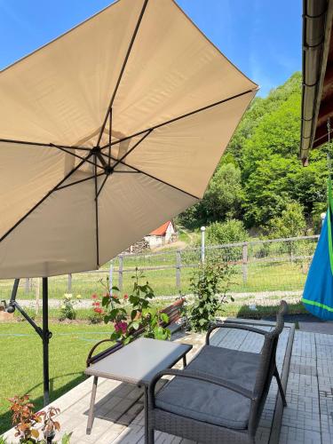 a chair and an umbrella on a patio at Casa Din Lunca in Poiana Mărului
