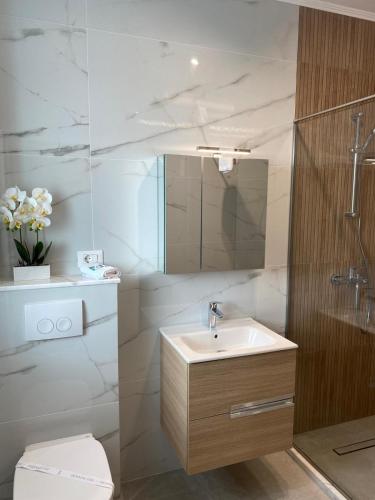 ein Badezimmer mit Waschbecken, Toilette und Spiegel in der Unterkunft F&Lrelax Apartments-Mamaia Nord in Mamaia Nord – Năvodari