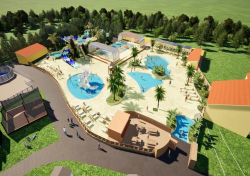 un rendu aérien d'un parc aquatique dans l'établissement Camping Rivages des Landes - Eurocamp I Homair, à Aureilhan
