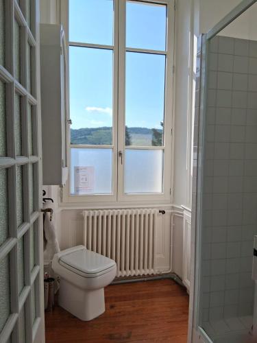 une salle de bain avec toilettes et fenêtre dans l'établissement Suite familiale Joséphine à La Terrasse 2 à 4 personnes piscine local vélos, à Tournon-sur-Rhône