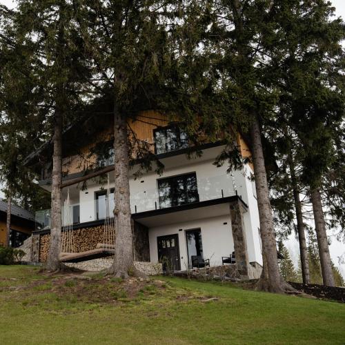 a large white house with trees in front of it at Gogodz Chalet Resort in Yablunytsya