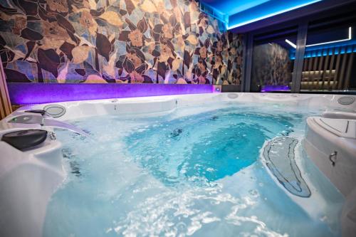 a jacuzzi tub in a bathroom with a toilet at Viale Boutique Hotel in Villány
