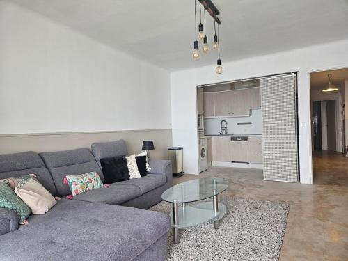 un salon avec un canapé et une table dans l'établissement Juan les Pins Front de Mer 2P parking Colombier, à Antibes
