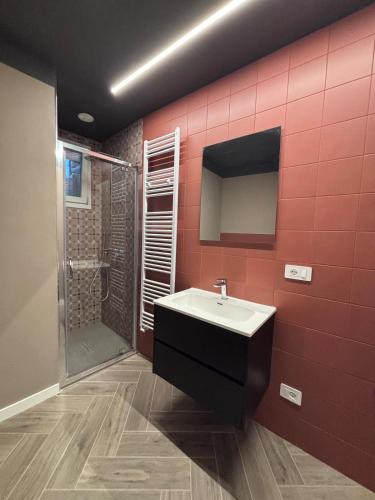 a red bathroom with a sink and a shower at Vista con camera - appartamento Grignolino in Casale Monferrato