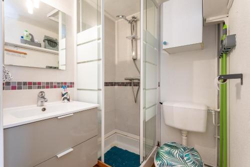 La petite salle de bains est pourvue d'une douche et d'un lavabo. dans l'établissement Le Santa-Marina - proche plage, à Fleury