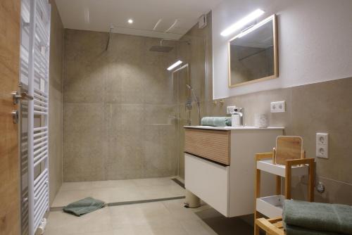 ゼークにあるBauernhof Hipp Ferienwohnungのシャワーと洗面台付きのバスルーム