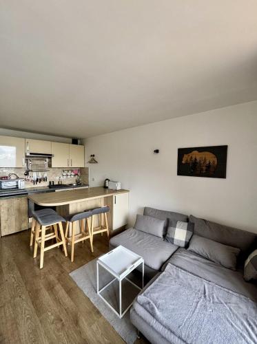 un salon avec un canapé et une cuisine dans l'établissement ARC 2000, Studio rénové 4 couchages, Vue Montagne, à Arc 2000