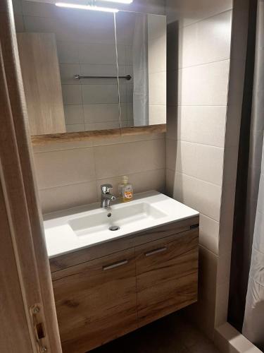 a bathroom with a sink and a mirror at Marys Home Eretria in Malakóndas