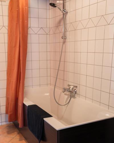 a bathroom with a bath tub with a shower at Apartment Noorderloft in Hornhuizen