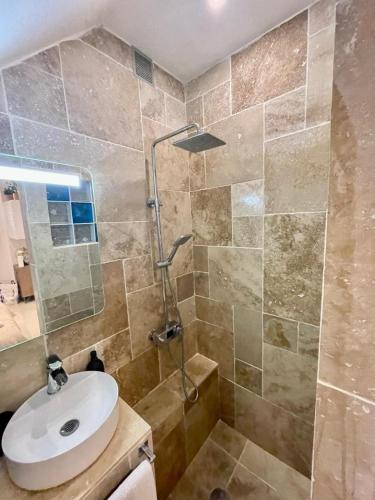 une salle de bain avec un lavabo et une douche dans l'établissement Entre Sorgue et sens, à LʼIsle-sur-la-Sorgue